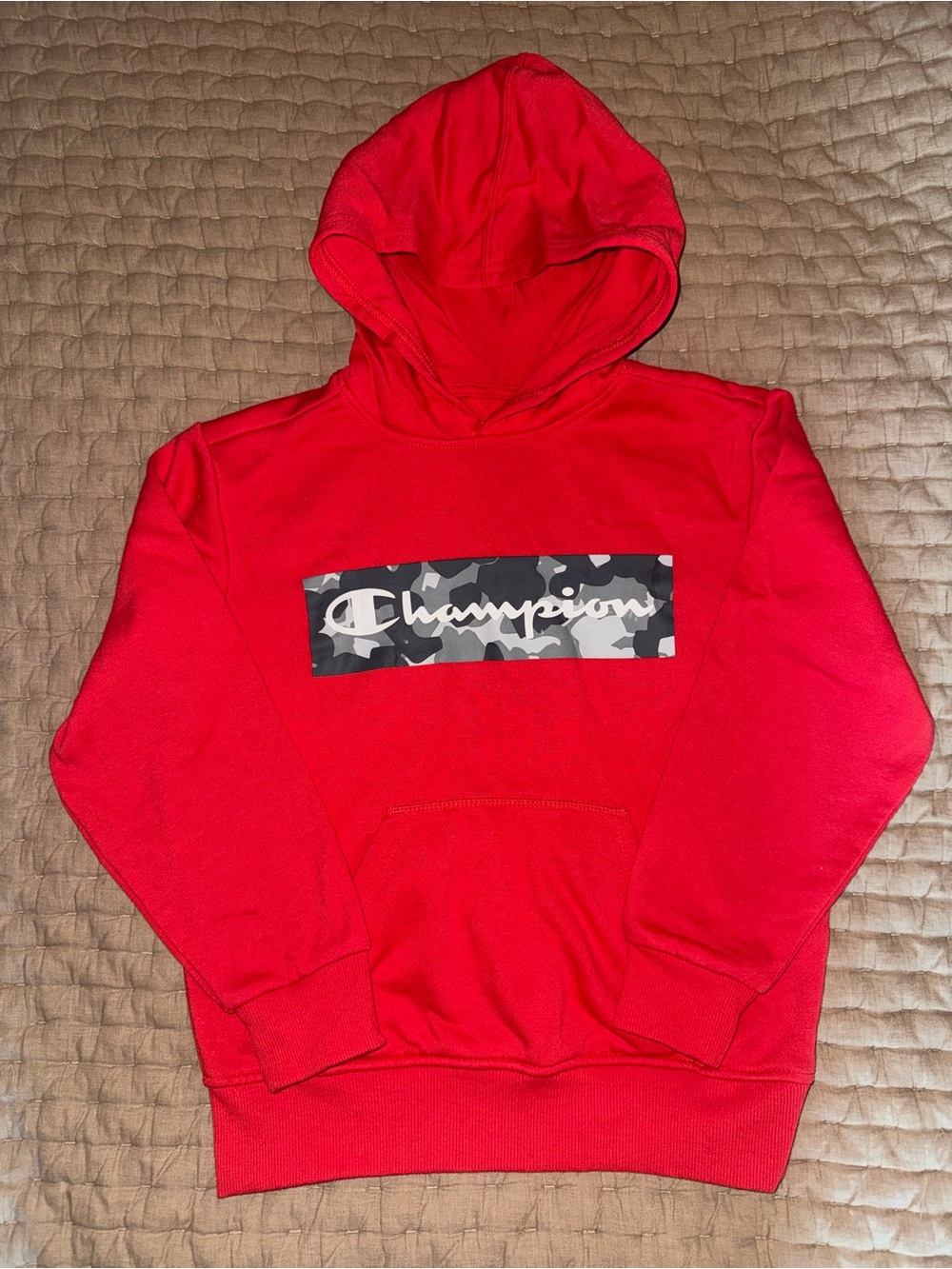 Champion Red Hoodie with Gray Camo Logo Panel